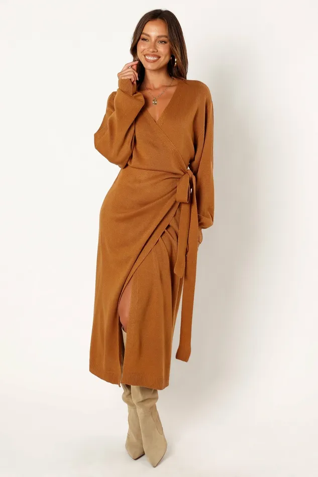 Dresses Women Nova Wrap Knit Midi Dress Camel Petal and Pup