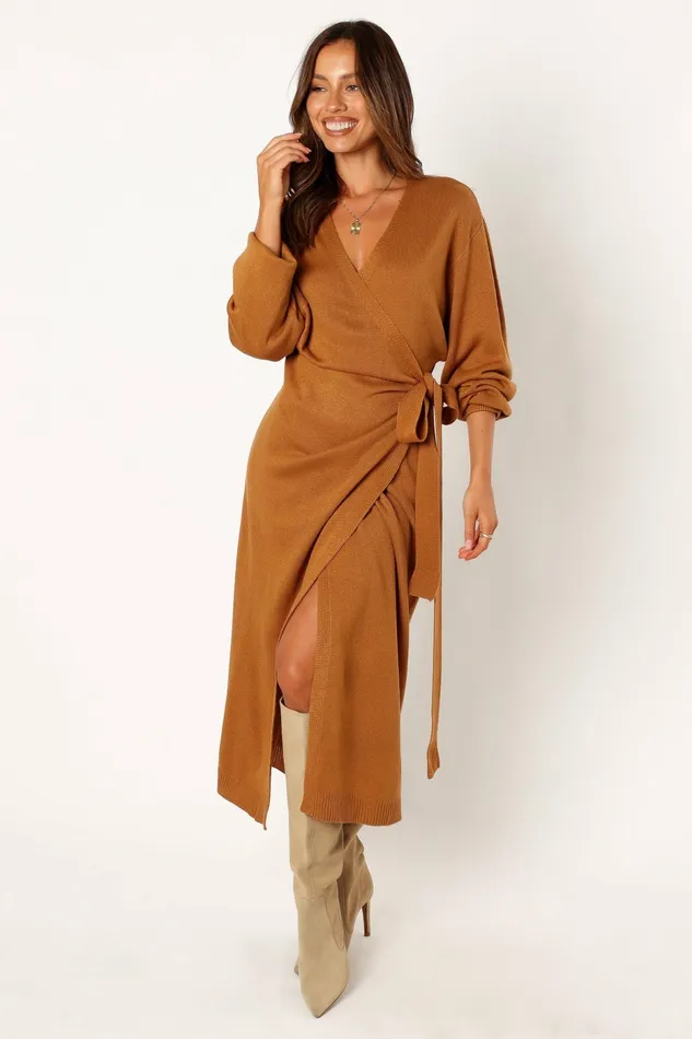 Dresses Women Nova Wrap Knit Midi Dress Camel Petal and Pup