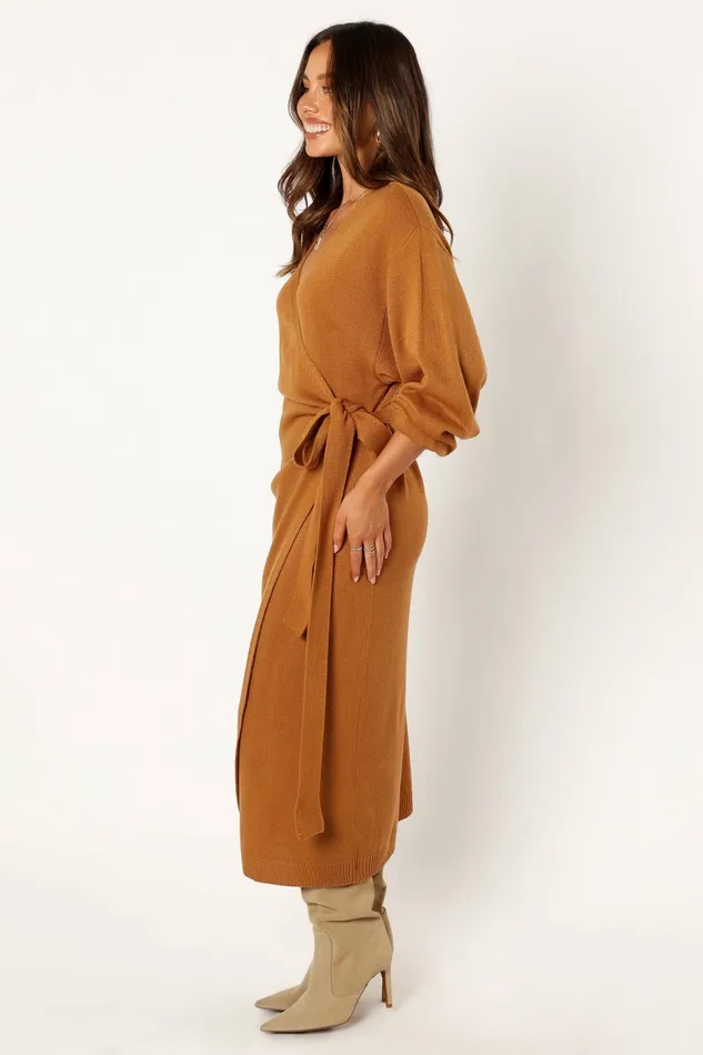 Dresses Women Nova Wrap Knit Midi Dress Camel Petal and Pup