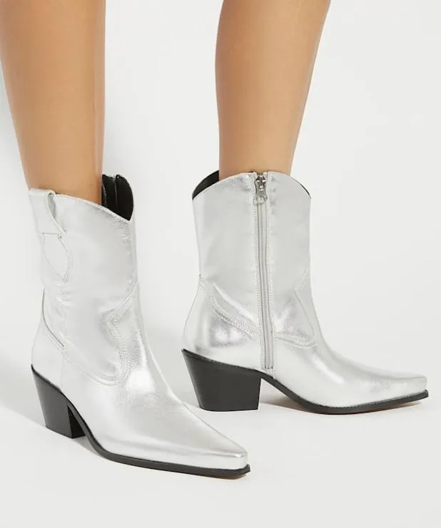 Dune London Ankle Boots Women Metallic Leather Western Boots Metallic