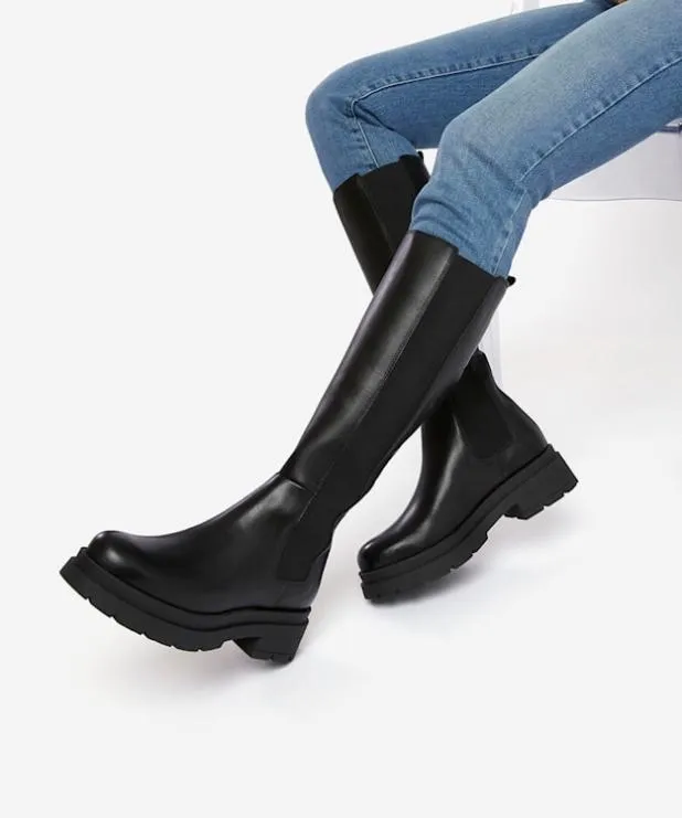 Dune London Black Boots Women ChunkySole Leather KneeHigh Boots Black