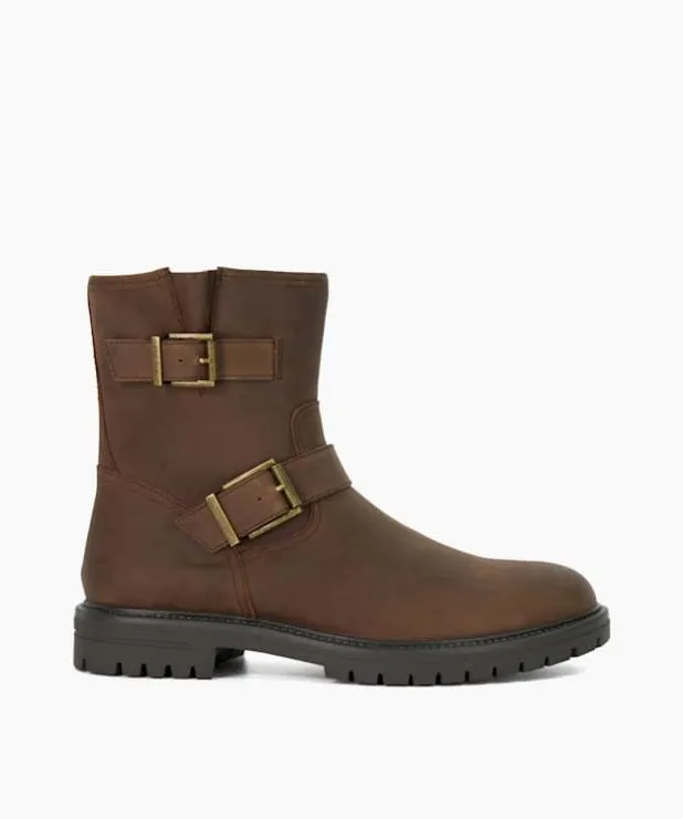 Dune London Casual Boots Men Chunky Buckle Biker Boots Brown