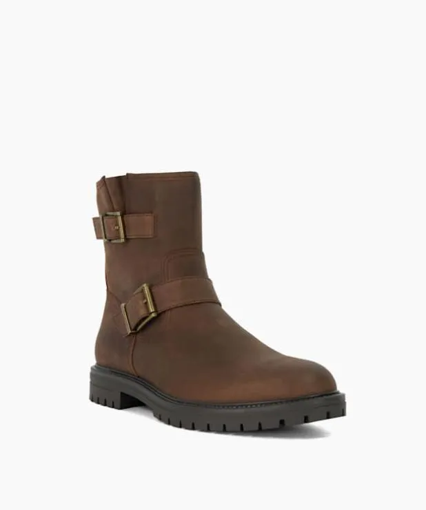 Dune London Casual Boots Men Chunky Buckle Biker Boots Brown