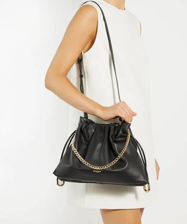 Dune London Crossbody Bags Women Leather Drawstring Bag Black Leather