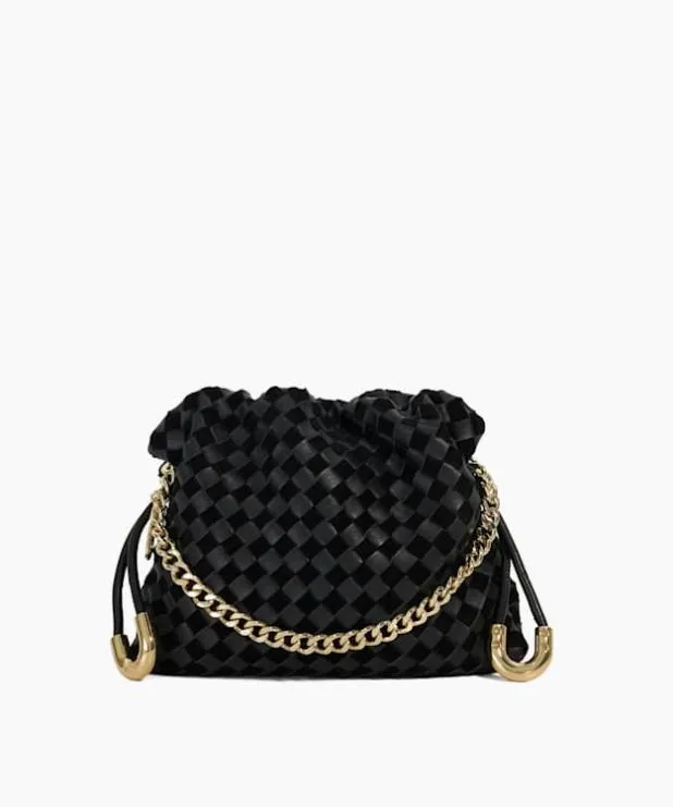 Dune London Crossbody Bags Women Small Drawstring Woven Leather Bag Black