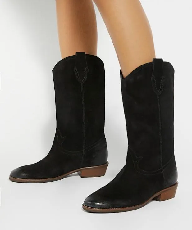Dune London Flat Boots Women Low Block Heel Cowboy Boots Black