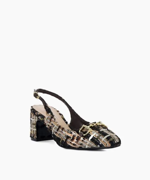 Dune London Heels Women Brand Snaffle BlockHeeled Slingback Courts Brown