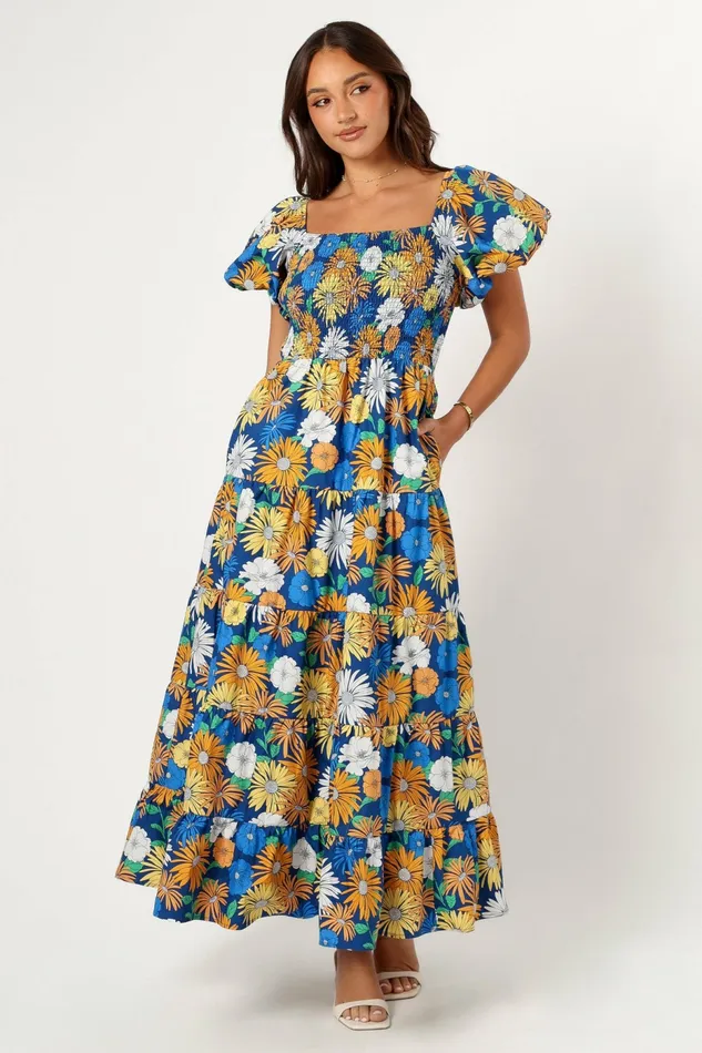 Elsie Short Sleeve Maxi Dress Denim Blue Women Floral Dresses Petal and Pup