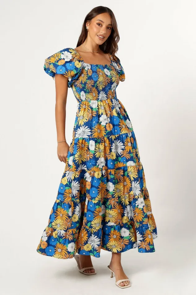 Elsie Short Sleeve Maxi Dress Denim Blue Women Floral Dresses Petal and Pup