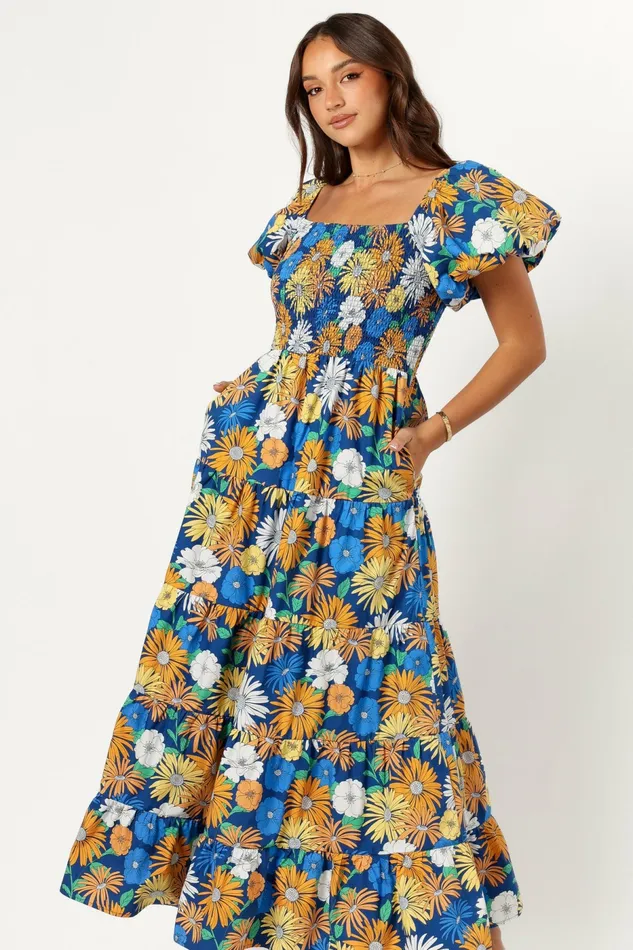 Elsie Short Sleeve Maxi Dress Denim Blue Women Floral Dresses Petal and Pup