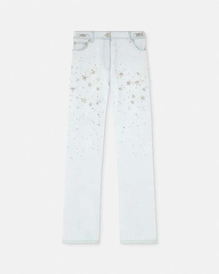Embellished Boyfriend Jeans Light Blue Women Versace Pants and Shorts