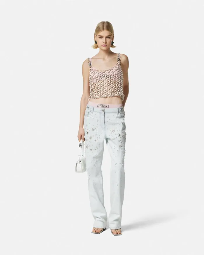 Embellished Boyfriend Jeans Light Blue Women Versace Pants and Shorts