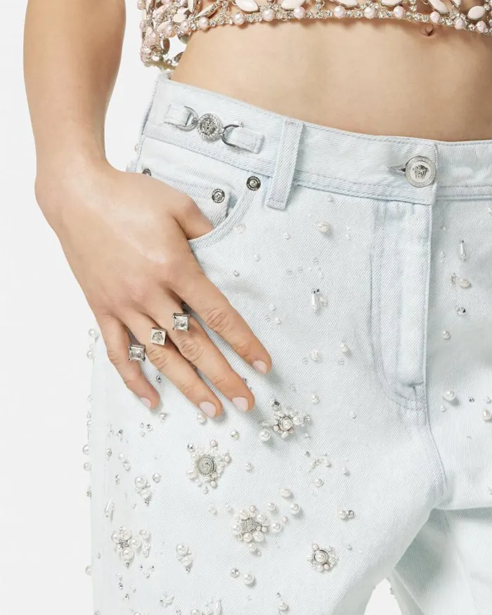 Embellished Boyfriend Jeans Light Blue Women Versace Pants and Shorts