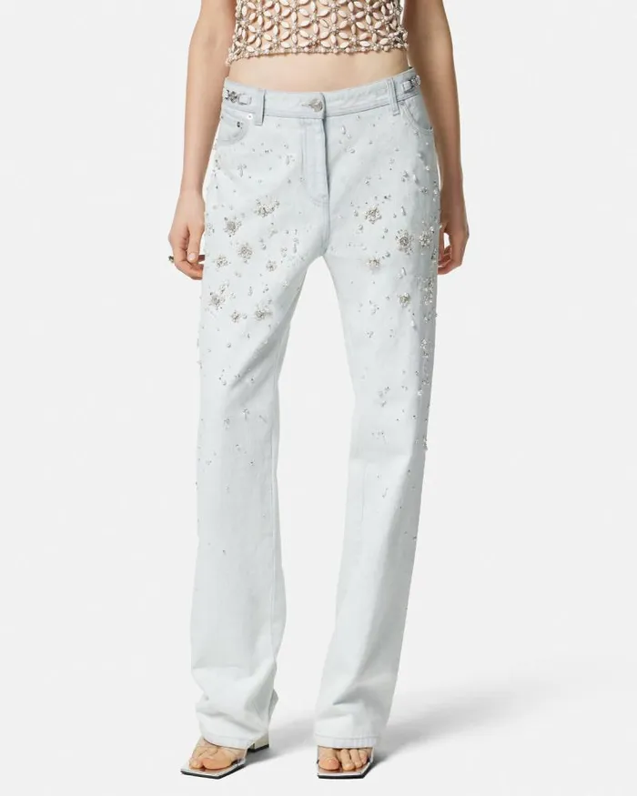 Embellished Boyfriend Jeans Light Blue Women Versace Pants and Shorts