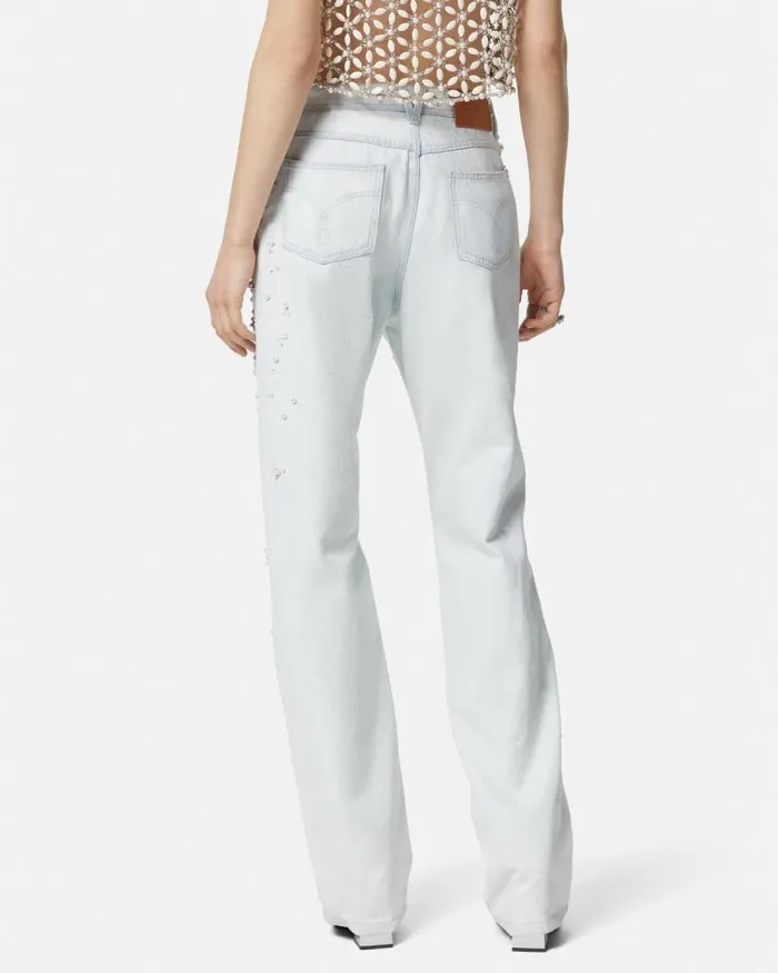 Embellished Boyfriend Jeans Light Blue Women Versace Pants and Shorts