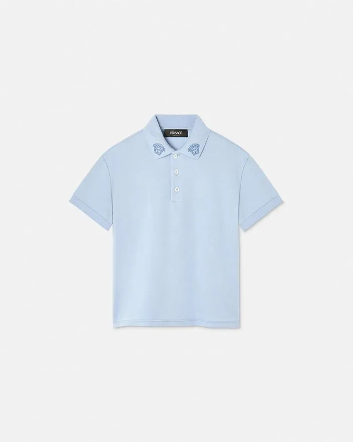Embroidered Medusa Kids Polo Shirt Light Blue Children Versace Clothing