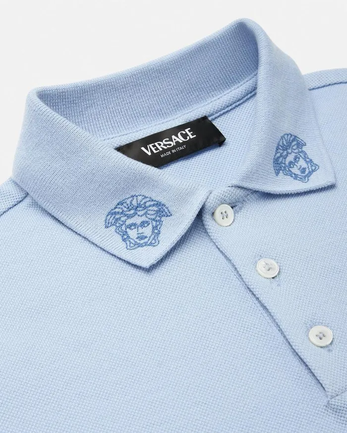 Embroidered Medusa Kids Polo Shirt Light Blue Children Versace Clothing