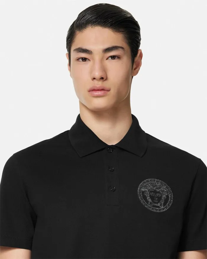 Embroidered Medusa Polo Shirt Black Men Versace TShirts and Polos
