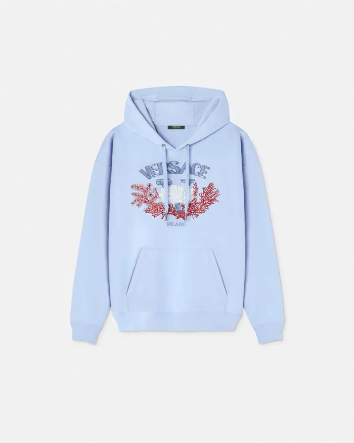 Embroidered University Coral Hoodie Light Blue Men Versace Sweatshirts