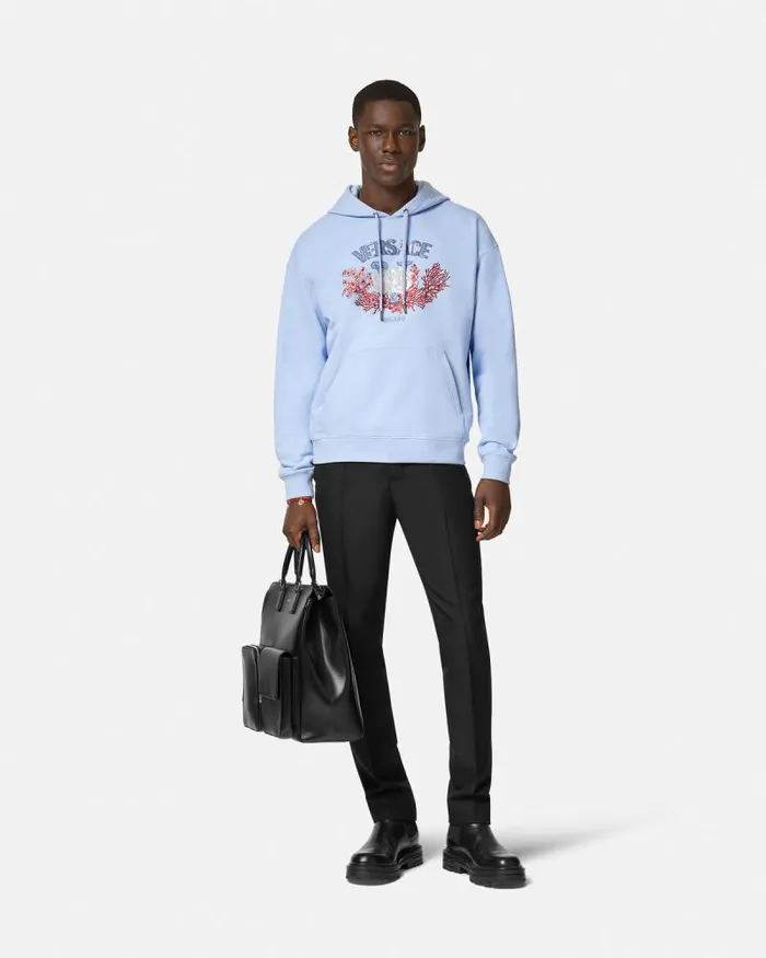 Embroidered University Coral Hoodie Light Blue Men Versace Sweatshirts