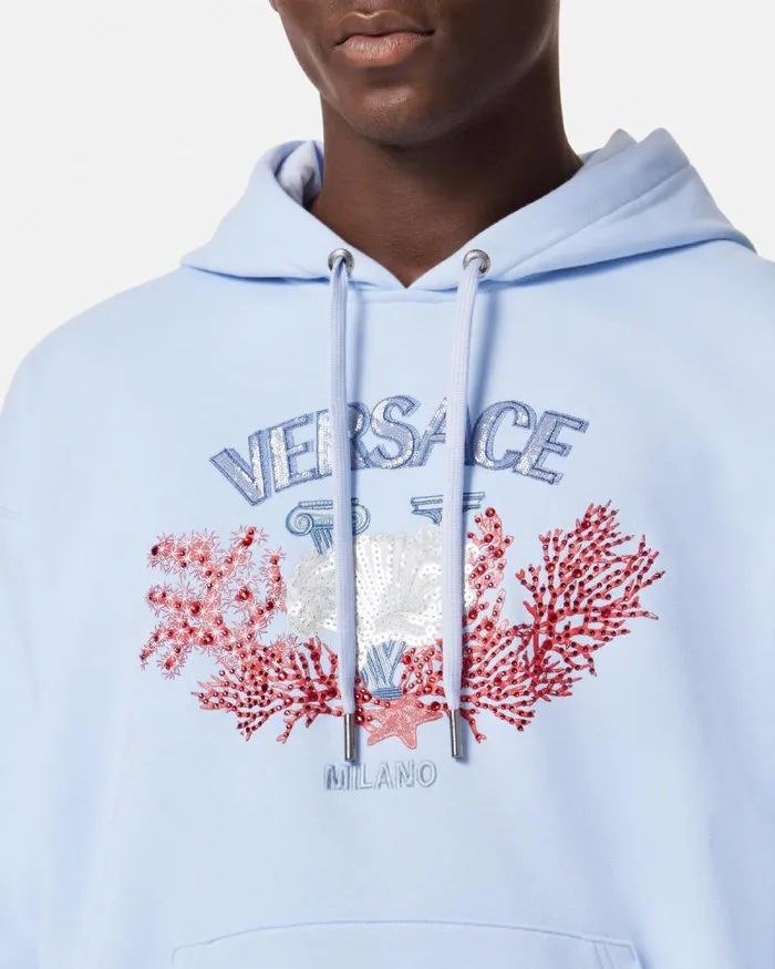 Embroidered University Coral Hoodie Light Blue Men Versace Sweatshirts