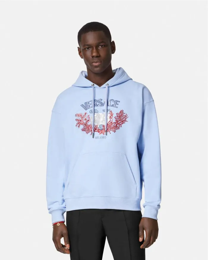 Embroidered University Coral Hoodie Light Blue Men Versace Sweatshirts