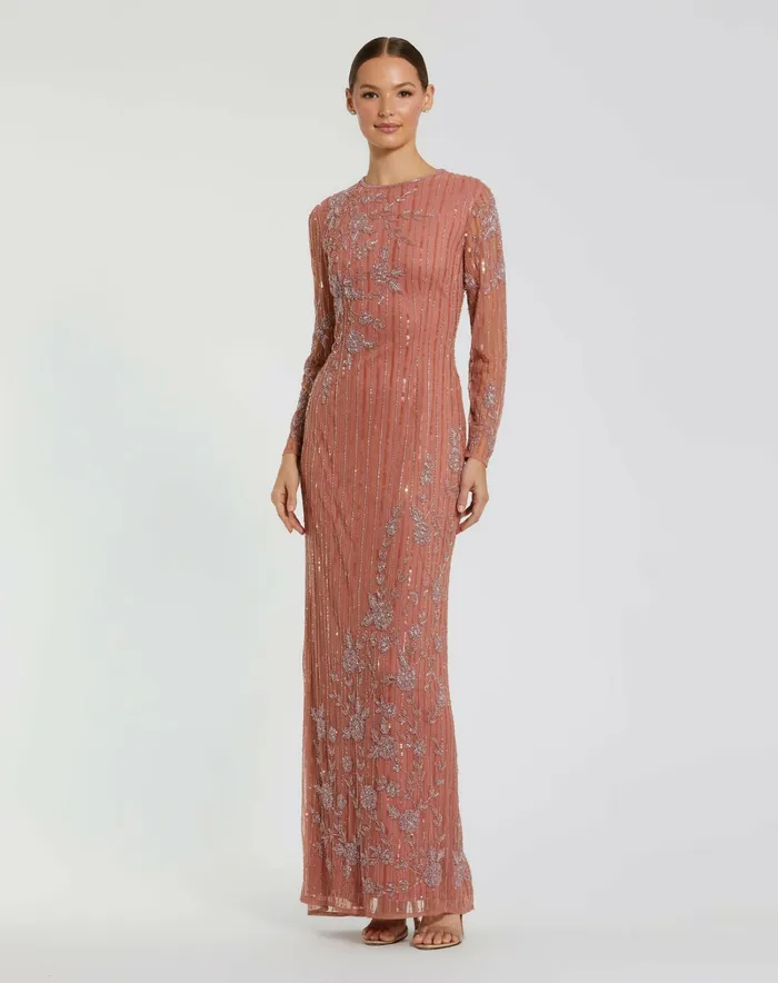 Evening Gowns Pink Embellished High Neck Illusion Long Sleeve Gown Rose 8211 Mac Duggal Women Evening Gowns Pink Embellished High Neck Illusion Long Sleeve Gown Rose 8211 Mac Duggal Women