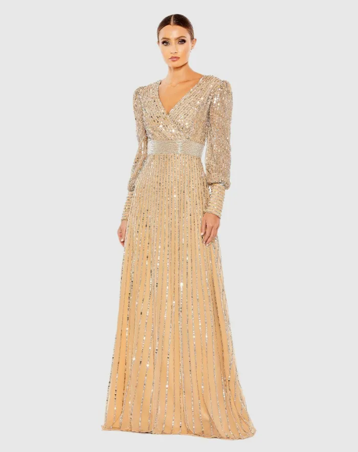 Evening Gowns Sequined Wrap Over Bishop Sleeve Dress Vanilla Silver 8211 Mac Duggal Women Evening Gowns Sequined Wrap Over Bishop Sleeve Dress Vanilla Silver 8211 Mac Duggal Women