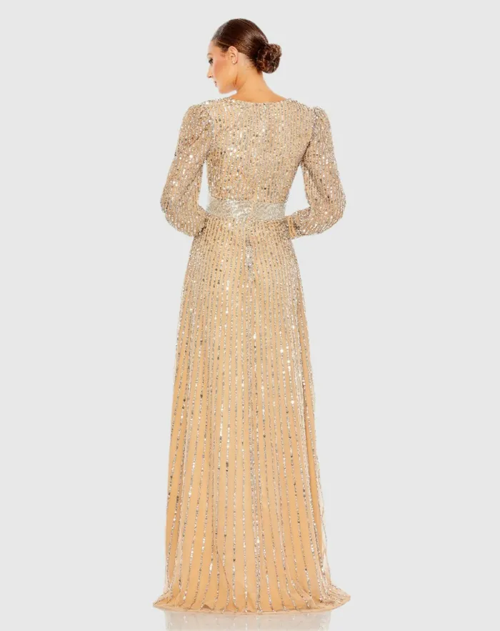 Evening Gowns Sequined Wrap Over Bishop Sleeve Dress Vanilla Silver 8211 Mac Duggal Women Evening Gowns Sequined Wrap Over Bishop Sleeve Dress Vanilla Silver 8211 Mac Duggal Women