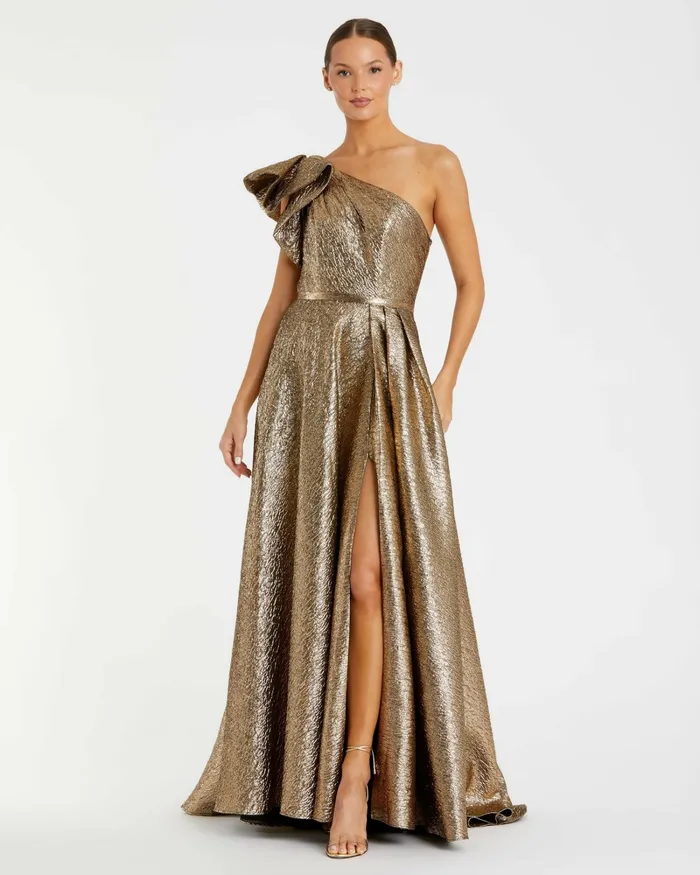 Evening Gowns Women Mac Duggal One Shoulder Metallic Ballgown Antique Bronze