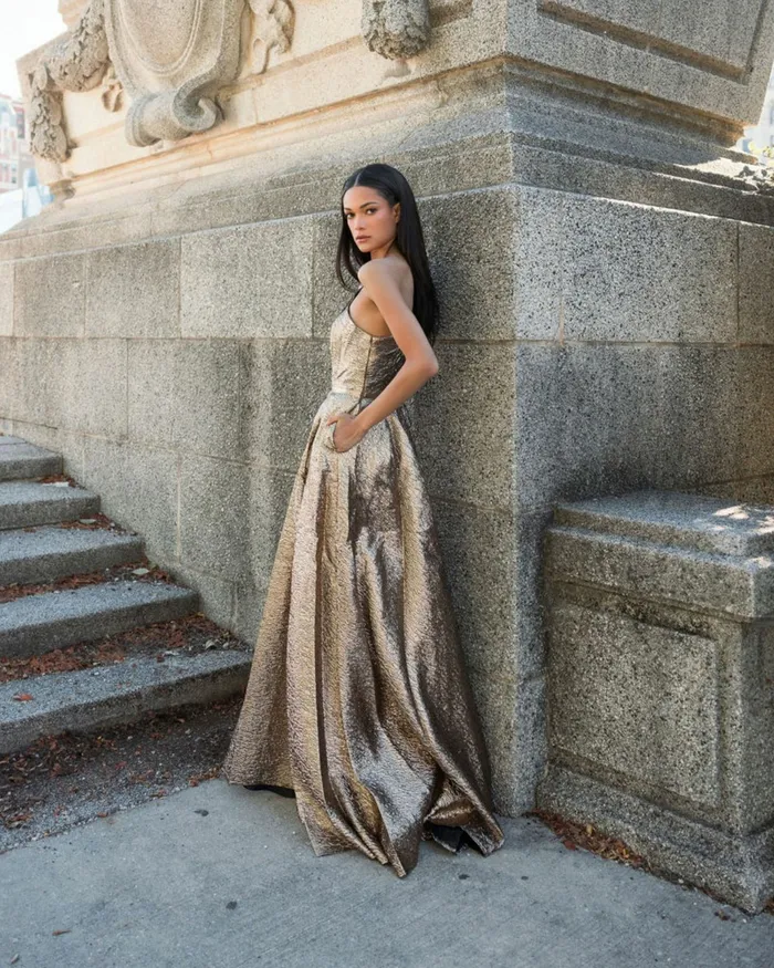 Evening Gowns Women Mac Duggal One Shoulder Metallic Ballgown Antique Bronze