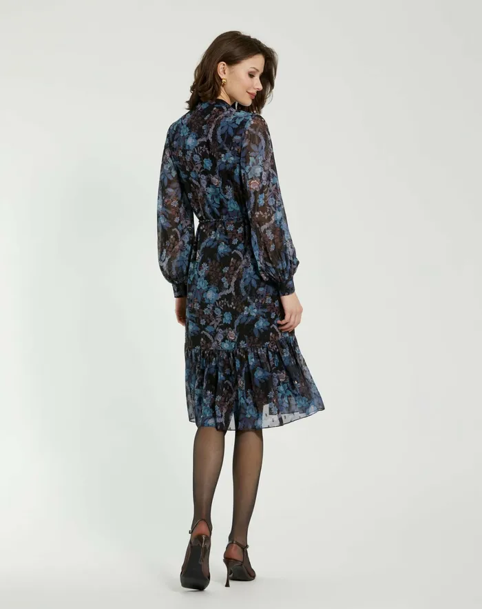 Every Day Dresses Women Mac Duggal Lurex Chiffon Bishop Sleeve Button Up Midi Dress Black Multi