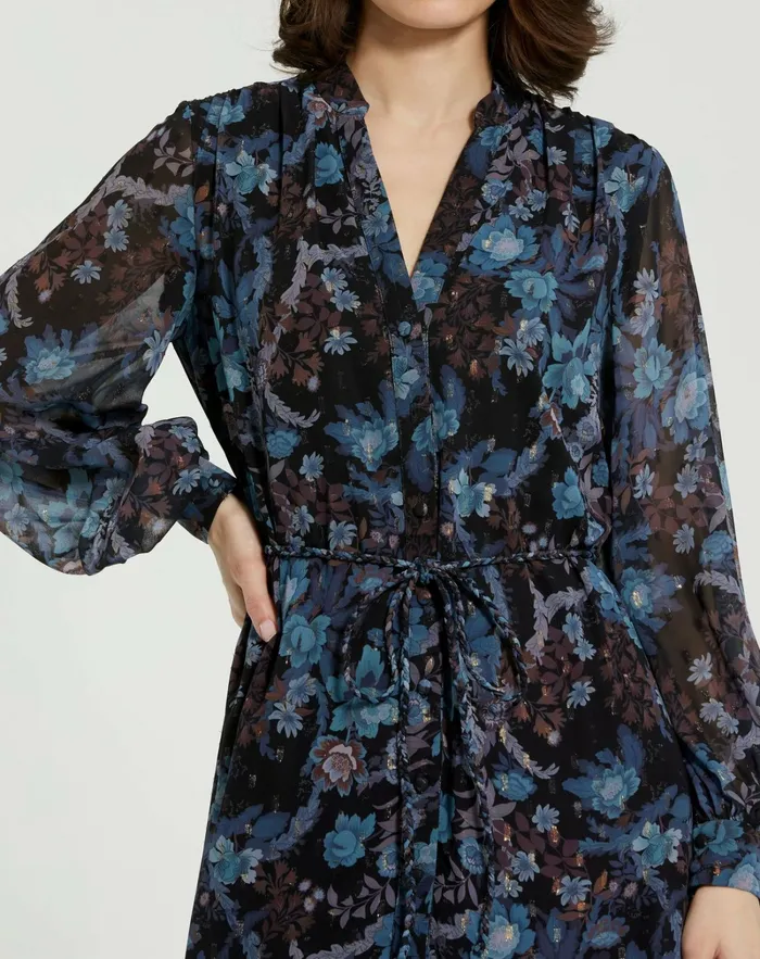 Every Day Dresses Women Mac Duggal Lurex Chiffon Bishop Sleeve Button Up Midi Dress Black Multi