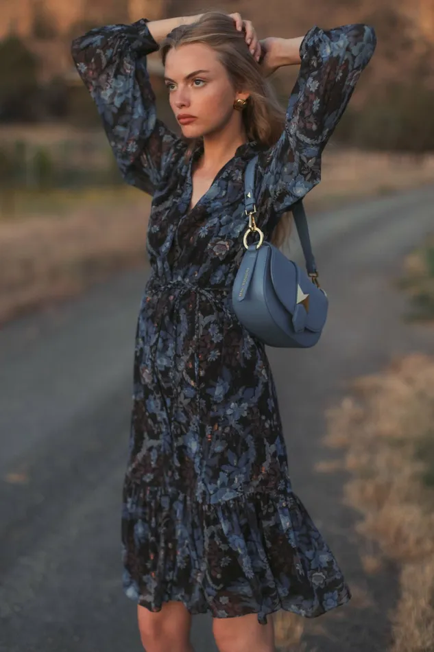 Every Day Dresses Women Mac Duggal Lurex Chiffon Bishop Sleeve Button Up Midi Dress Black Multi