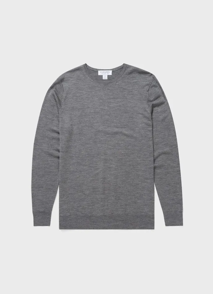 ExtraFine Merino Crew Neck Mid Grey Melange Men SUNSPEL Knitwear