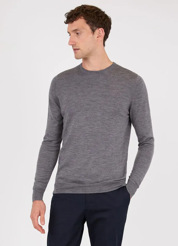 ExtraFine Merino Crew Neck Mid Grey Melange Men SUNSPEL Knitwear