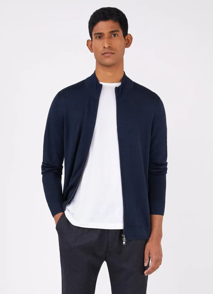 ExtraFine Merino Zip Cardigan Light Navy Men SUNSPEL Knitwear