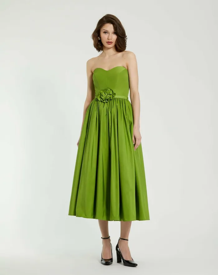 Faille Strapless A Line Midi Dress With 3D Rose Pear Every Day Dresses Mac Duggal Women Faille Strapless A Line Midi Dress With 3D Rose Pear Every Day Dresses Mac Duggal Women