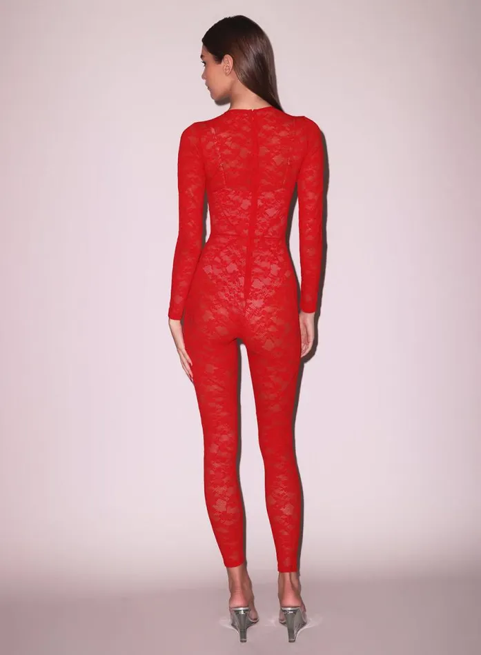 Fleur Du Mal Bodysuits Le Stretch Lace Catsuit Rouge 8211 Women Fleur Du Mal Bodysuits Le Stretch Lace Catsuit Rouge 8211 Women