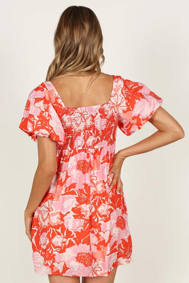 Floral Dresses Women Maggie Mini Dress PinkRed Floral Petal and Pup