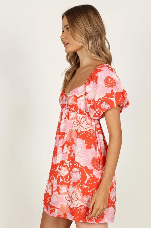 Floral Dresses Women Maggie Mini Dress PinkRed Floral Petal and Pup