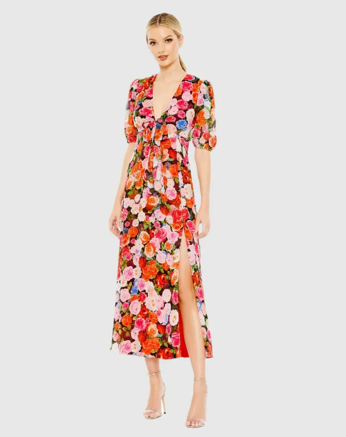 Floral Print Front Tie Puff Sleeve Flowy Midi Dress Rose Multi Women Daytime Dresses Mac Duggal Floral Print Front Tie Puff Sleeve Flowy Midi Dress Rose Multi Women Daytime Dresses Mac Duggal