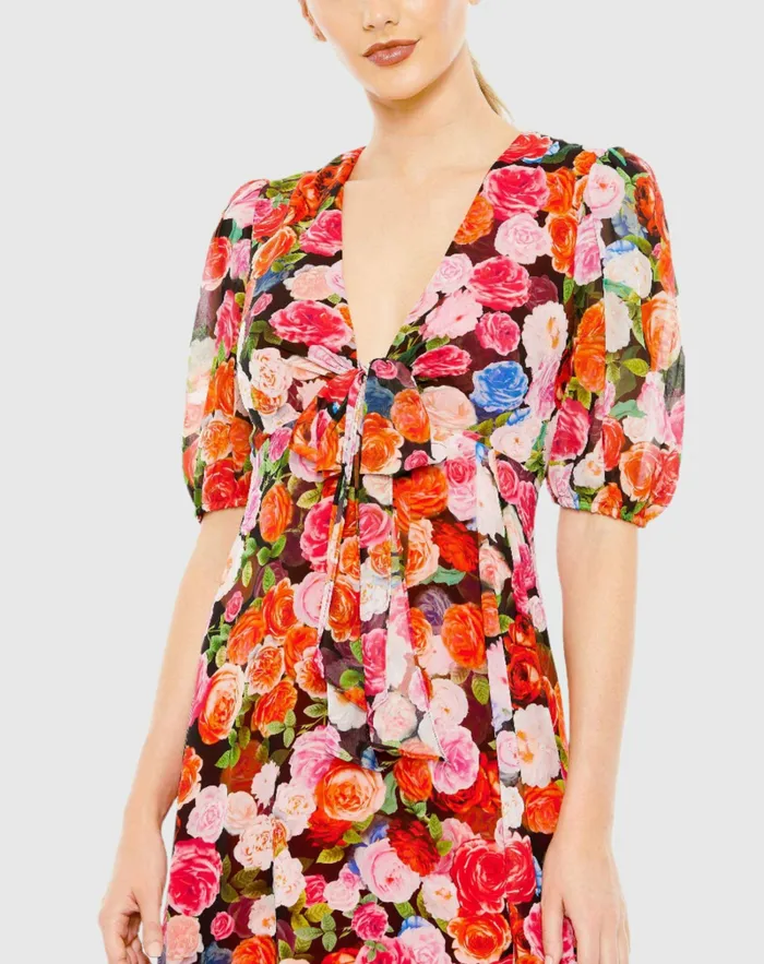 Floral Print Front Tie Puff Sleeve Flowy Midi Dress Rose Multi Women Daytime Dresses Mac Duggal