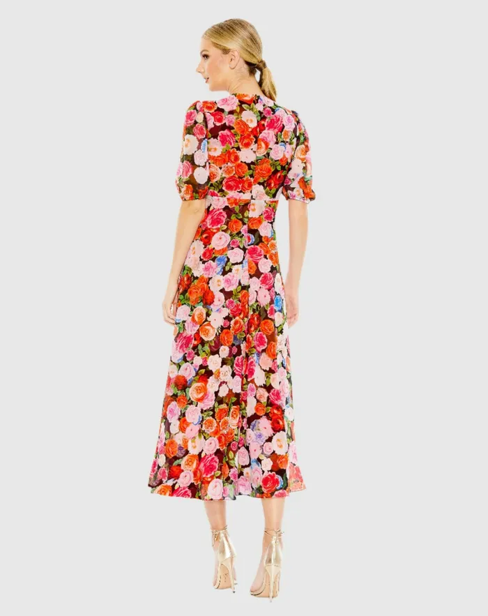 Floral Print Front Tie Puff Sleeve Flowy Midi Dress Rose Multi Women Daytime Dresses Mac Duggal