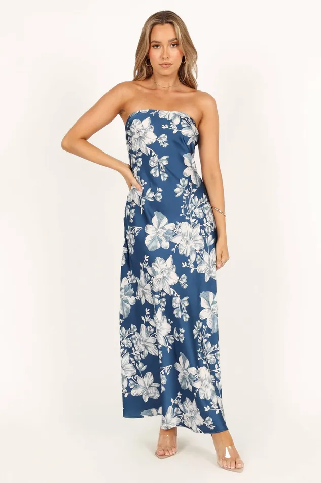 Gemma Strapless Maxi Dress Blue Floral Satin Dresses Petal and Pup Women