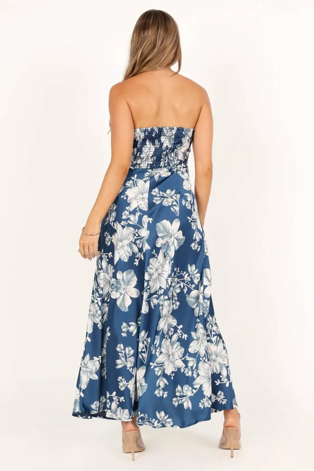 Gemma Strapless Maxi Dress Blue Floral Satin Dresses Petal and Pup Women