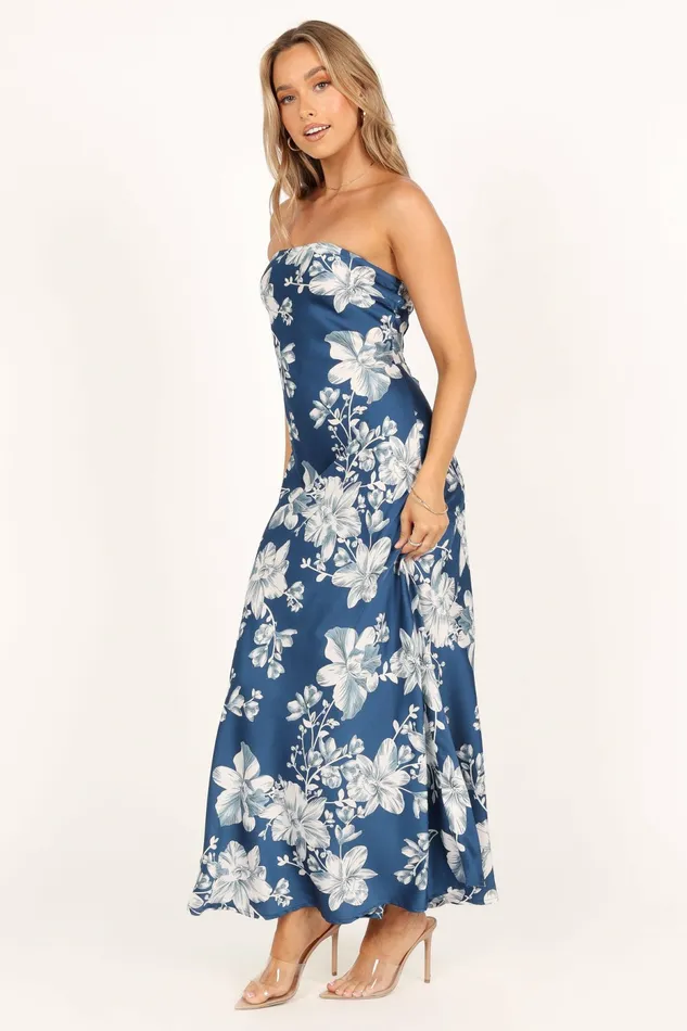 Gemma Strapless Maxi Dress Blue Floral Satin Dresses Petal and Pup Women