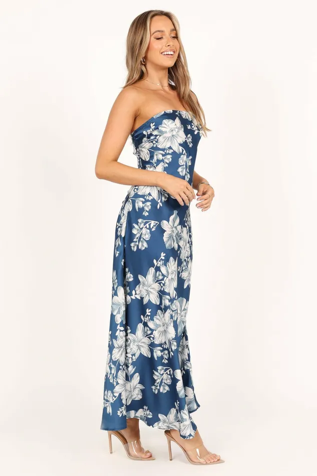 Gemma Strapless Maxi Dress Blue Floral Satin Dresses Petal and Pup Women