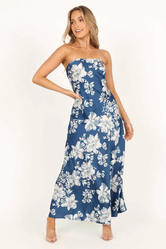 Gemma Strapless Maxi Dress Blue Floral Satin Dresses Petal and Pup Women
