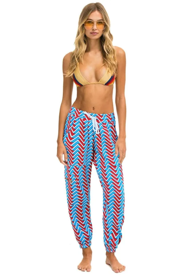 Geo Zig Bolt Embroidery Cargo Sweatpants 8211 Blue Red Women Aviator Nation Sweatpants